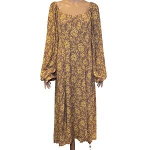 In Loom Floral Prairie Maxi Dress Long Sleeve Smocked Square Neck Brown Yellow M
